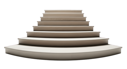 Curved, tiered, neutral-toned staircase ascending, isolated on black