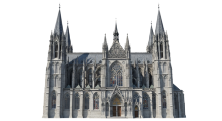 Imposing Architectural Marvel: Detailed Rendering of a Grand Cathedral with Intricate Gothic Style Elements against a Pristine White Background