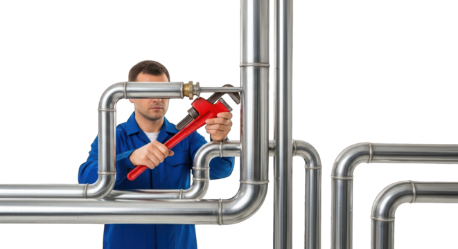 Plumber with wrench tightening pipe fitting, silver pipes on black background
