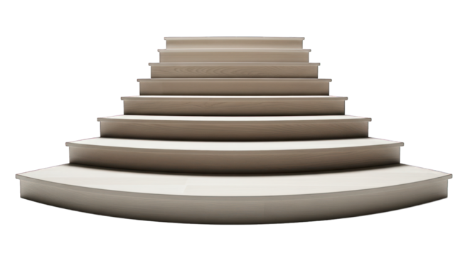 Curved, tiered, neutral-toned staircase ascending, isolated on black