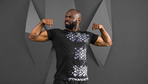 Man flexing muscles in a black top against a gray background