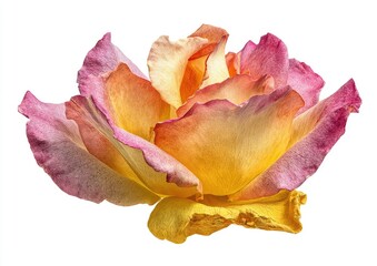 Close-up of a single, vibrant rose.  Soft, multicolored petals in hues of pink, orange, and yellow.  Detailed texture of the petals, against a plain white background