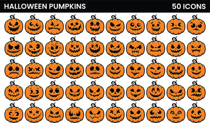 Set of Halloween pumpkins with a carved spooky faces. Vector illustration.