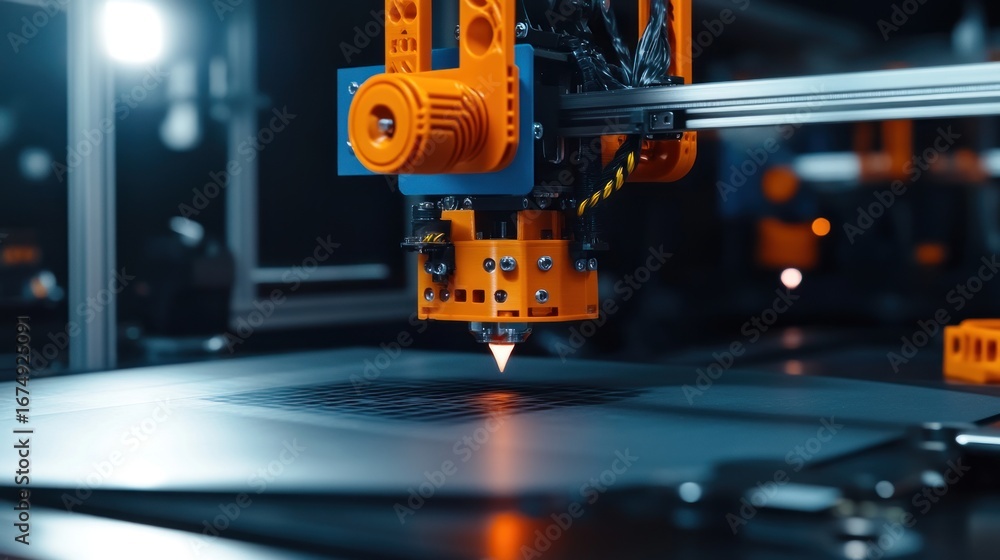 Poster 3 d printer creating object in darkened setting