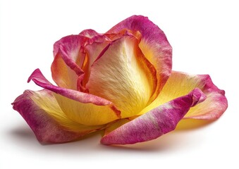 Close-up of a vibrant, two-toned rose.  The petals display a gradient of soft yellow and deep pink, with a delicate blend.  A single rose, isolated against a pure white background