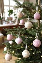 A beautifully decorated Christmas tree featuring pink and gold ornaments.