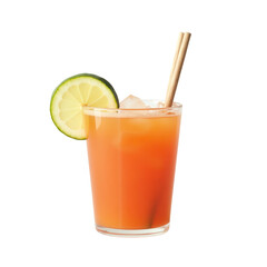 A refreshing, vibrant orange drink garnished with a lime slice, presented in a clear glass, sits against a stark black background.