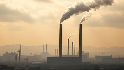 Industrial landscape with smokestacks and a dramatic cloudy sky.