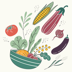 Set hand drawn colorful vegetables. Modern abstract minimal style. Healthy organic food. Salad, tomato, onion, zucchini, eggplant, leek, radish, potato, corn, peppers, beet, food, vegetable, vegetable