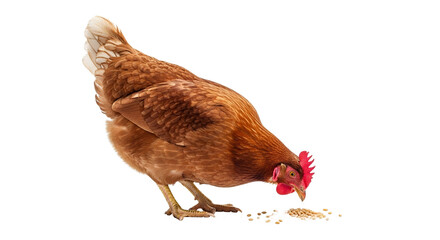 Elegant brown hen pecking at feed, showcasing natural instincts and farming practices, ideal for agriculture and poultry content, or nutritional