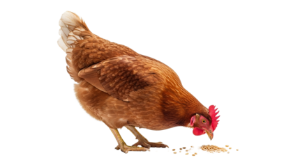 Elegant brown hen pecking at feed, showcasing natural instincts and farming practices, ideal for agriculture and poultry content, or nutritional