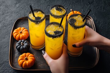 Two hands holding four vibrant orange drinks with black rim beside mini pumpkins.