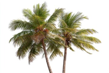 Two coconut palms against a white background. Lush green fronds, slightly windswept, extend outward from sturdy, light brown trunks