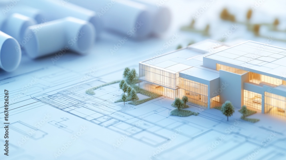 Poster modern building design on architectural blueprints