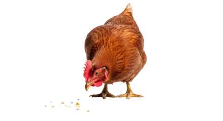 Hen pecking at feed: A close-up of a brown chicken foraging for grains against a crisp white backdrop showing barnyard behaviors and natural poultry