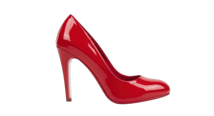 Glossy, red stiletto heel shoe isolated on black background, facing right