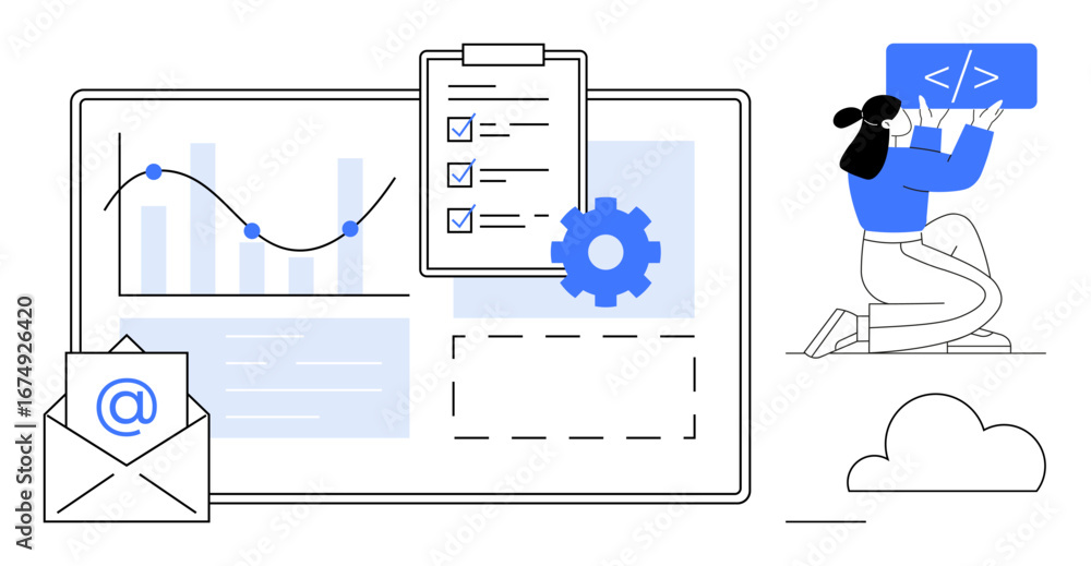Poster visual of dashboard with chart, checklist, gear, envelope, and coding figure. ideal for technology, 