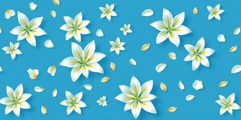 Soft blue background with scattered watercolor lilies; delicate white petals, seamless repeat, botanical, pastel