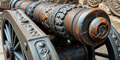 Weathered bronze cannon, intricate carvings, rusted barrel,   projectile,  sculpture