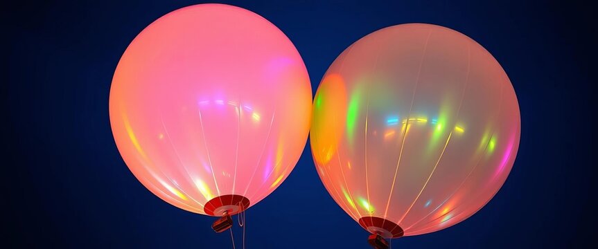 Two iridescent balloons, one noticeably larger than the other, drift close together,  vibrant,  colorful illustration