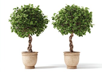Two potted bonsai-style trees with twisted trunks
