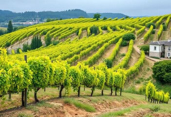 Rain-soaked Chardonnay vines cling to chalky hillsides near Épernay, Côte des Blancs, Champagne,   agricultural landscape,   grand cru