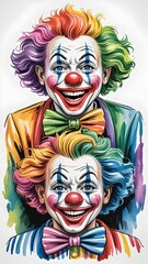 Smiling Colorful Clowns with Rainbow Hair, Bow Ties, and Classic Face Paint