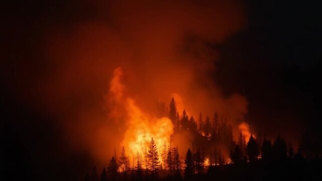 large flames of forest fire at night
