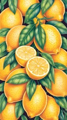 Bright Yellow Lemons with Green Leaves in Seamless Fruit Background Pattern