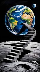 Surreal Staircase from the Moon Leading Toward Planet Earth in Space Scene