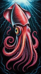 Vivid Crimson Squid Gracefully Gliding Through an Enchanting Underwater Realm Beneath Soft Azure Light