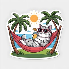 Cool Cartoon Cat Relaxing in Hammock with Sunglasses and Tropical Drink