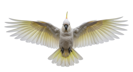 Majestic Cockatoo Spreading Its Wings: A Symbol of Freedom and Grace Captured in Flight against a White Backdrop