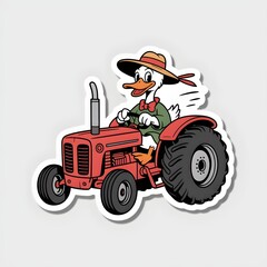 Cute Cartoon Duck Driving Red Tractor with Hat and Bow Tie on White