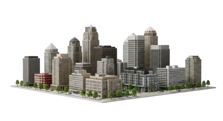 Cityscape miniature model towering skyscrapers and low buildings on tiny streets