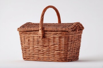Light brown wicker picnic basket with lid