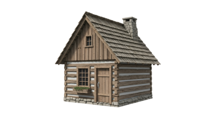 Charming miniature wooden cabin with stone chimney and flower box showcasing rustic architectural detail and design on a clean white background