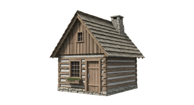 Charming miniature wooden cabin with stone chimney and flower box showcasing rustic architectural detail and design on a clean white background