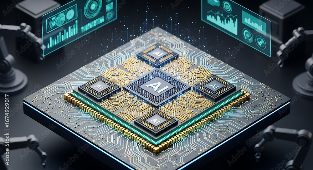 Poster close up of a futuristic ai chip with robotic arms and holographic displays in the background