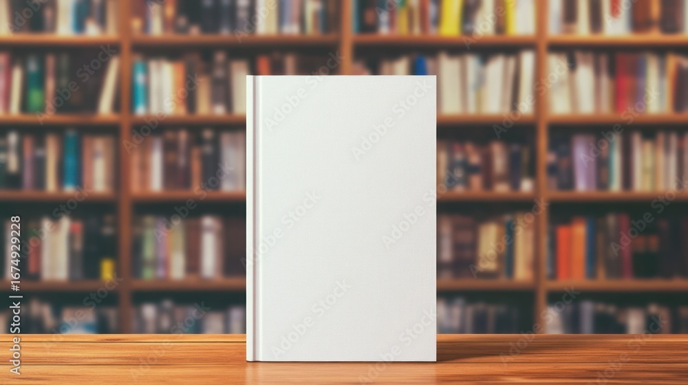 Aufkleber blank book on table with library bookshelf background