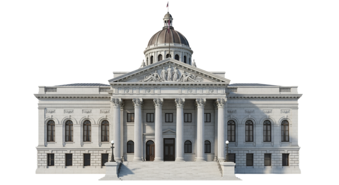Architectural marvel: A meticulously rendered capitol building with classical design features and intricate sculptural detail in a bright, clean style