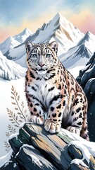 Snow Leopard Perched Majestically on Rocky Terrain With Snow-Capped Mountains in the Background at Dawn