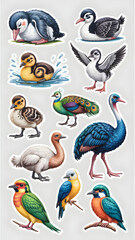 Colorful Collection of Bird Stickers Showcasing Diverse Species in Vibrant Detail