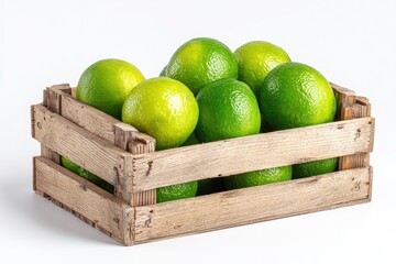 Fresh limes in a rustic wooden crate against a white background.  A cluster of vibrant green limes fills a weathered wooden crate, positioned for a clear view.  The wood shows signs of age and use