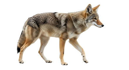 Captivating coyote portrait showcasing detailed fur and focused gaze in natural environment, standing out against a clean white backdrop