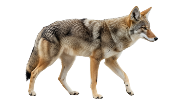 Captivating coyote portrait showcasing detailed fur and focused gaze in natural environment, standing out against a clean white backdrop