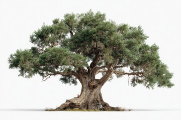 Ancient, gnarled tree, full of life, against a white background