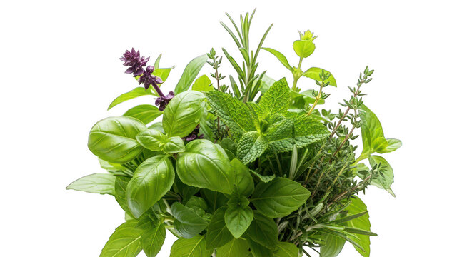 Assorted green herbs including basil, mint and rosemary in a vibrant bunch