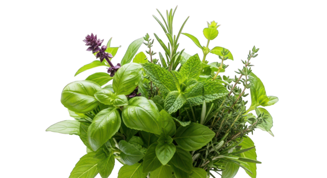 Assorted green herbs including basil, mint and rosemary in a vibrant bunch