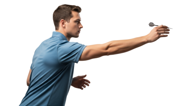 Focused Dart Player in Blue Polo Preparing to Throw with Precision and Strategy with an Isolated Background for Editorial Use